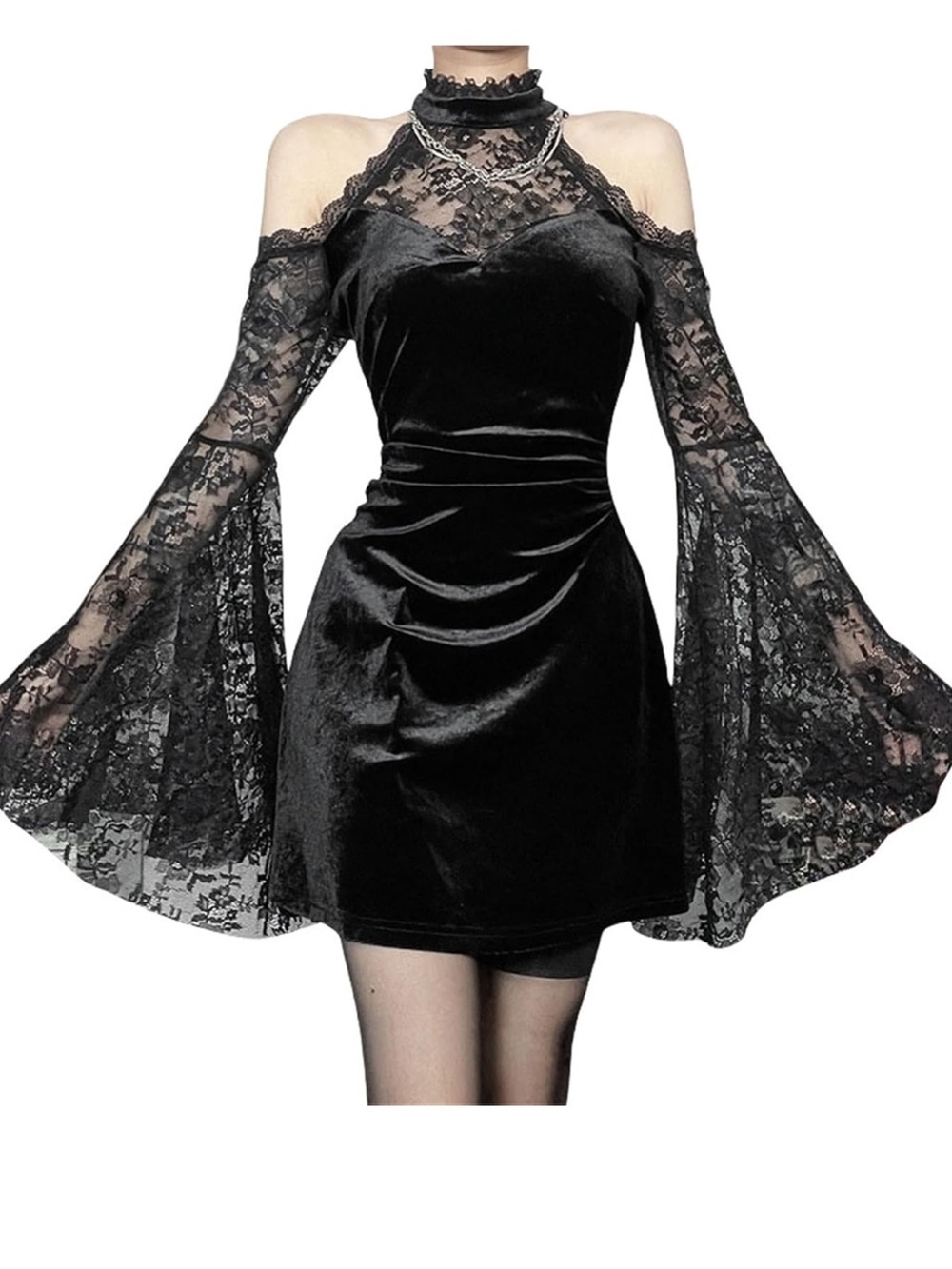 NWOT Black Velvet Lace Cold-Shoulder Mini Dress Goth Emo Grunge, Medium